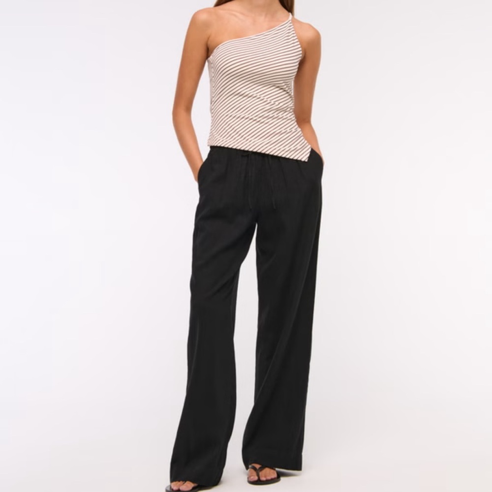 Black Linen Wide-Leg Drawstring Pants